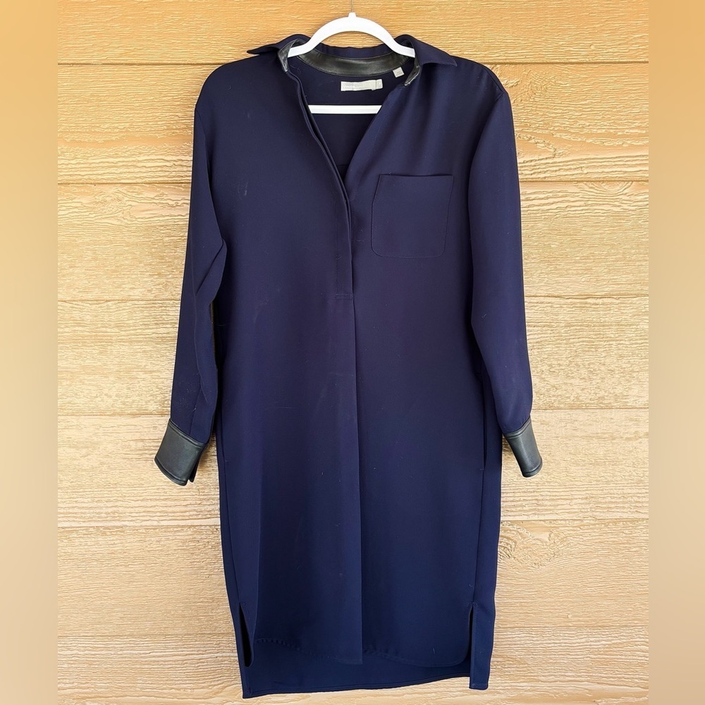 Vince Navy Long Sleeve Collared Over Sized Dress with Leather-Trim Cuffs XS